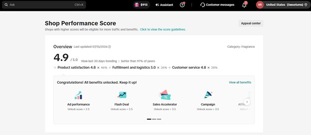 Sweetums TikTok Shop Performance Score after ScaleHouse's shop health optimization